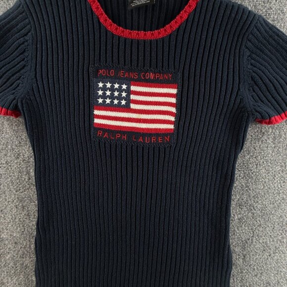 Polo Jeans Ralph Lauren Women Flag Sweater Rib Knit Large Short Sleeve Blue Red - Picture 5 of 13